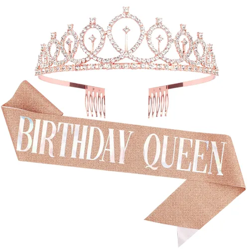 Vista 13 de CAVETEE - Juego de corona y banda de reina de cumpleaños para mujer, banda y tiara de diamantes de imitación, decoraciones de cumpleaños negras Negro