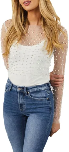 Vista 2 de Camisa de perlas de manga larga de malla transparente para mujer