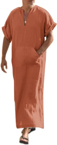 Vista 11 de COOFANDY - Bata de cuello en V de lino para hombre, manga corta, kaftán, thobe, túnica larga, camisa casual para playa, verano 01-Blanco