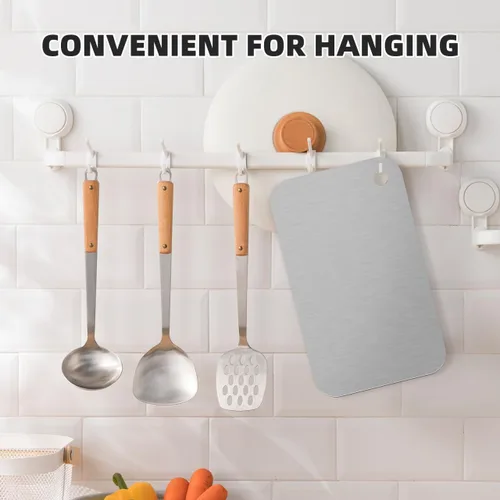 Vista 6 de DOITOOL Tabla de cortar de acero inoxidable de 9.25 x 5.70 pulgadas, bloque de cortar de metal reversible con mango para cocina, frutas, verduras