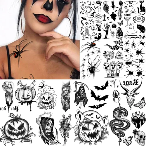 Vista 3 de 10 hojas de tatuajes temporales de Halloween para mujeres y hombres, calavera negra de terror, fantasma, araña, tatuajes falsos 3D, calcomanías