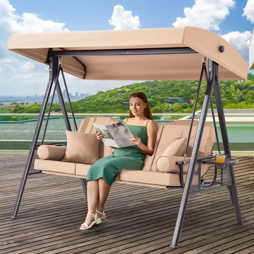 Vista 29 de Columpio de porche para exteriores 3 en 1 con toldo ajustable, columpio de 3 asientos para adultos, columpio de patio con cojines gruesos, almohadas