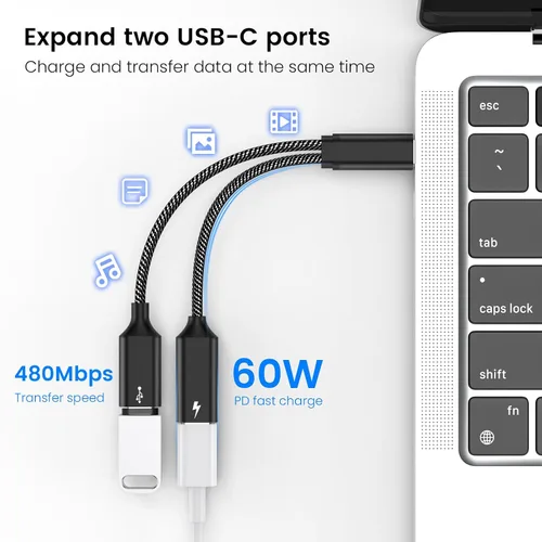 Vista 4 de MOGOOD Cable divisor USB C de 60 W, 2 en 1 USB-C macho a doble USB-C hembra, carga mientras usas auriculares, SSD, DAC o controlador, para Steam