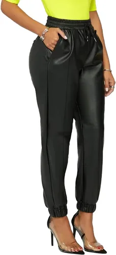 Vista 3 de Pantalones deportivos de piel sintética para mujer, estilo casual, elástico, cintura media, con cordón, pierna ancha, a rayas, de piel sintética
