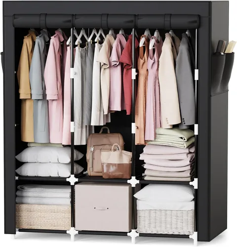 Vista 11 de Mavivegue Armario portátil, Armario de ropa, Armario portátil para colgar ropa, para dormitorio y sala de estar, Negro, 2 filas, 34" de ancho x 18