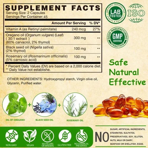 Vista 5 de Aceite de orégano cápsulas blandas veganas, aceite de orégano con aceite