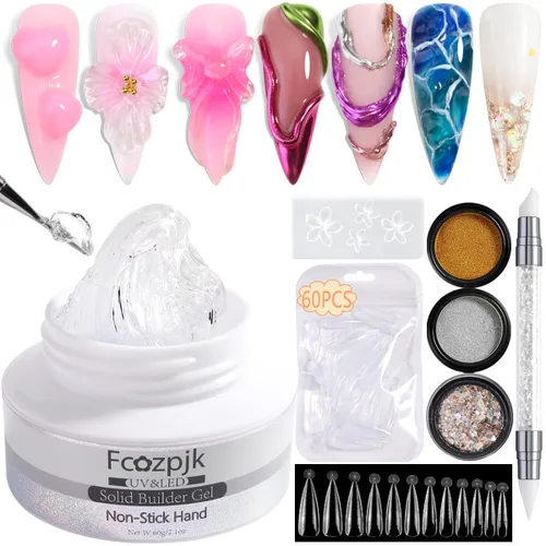 Vista 9 de Fcozpjk Gel constructor sólido de 30g para uñas y gel de esmalte de 15g, gel duro transparente no pegajoso para uñas con lápiz de tallado de Gel