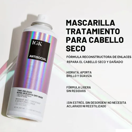 Vista 2 de IGK ANTISOCIAL Mascarilla Capilar Seca Reconstructora de Viaje Repara + Suaviza + Brilla Vegana + Libre de Crueldad 1.7 Oz