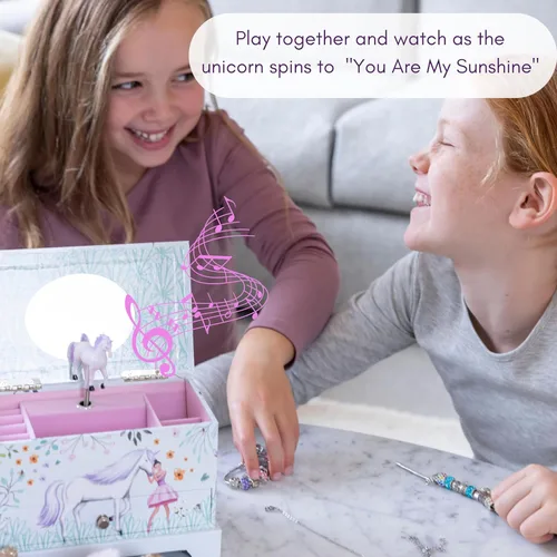 Vista 7 de ABI + OLIE Joyero de unicornio de bailarina para niñas y niñas pequeñas, joyero para niños y caja de música para niñas, organizador musical