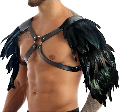 Vista 2 de L'VOW Arnés de plumas góticas para hombre, ajustable, de piel sintética, armadura de hombro, guardias medievales para Halloween y cosplay