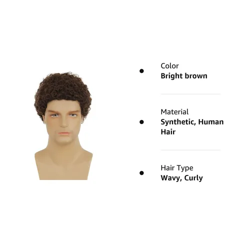 Vista 5 de Swiking Peluca corta Afro Curly Brwon para hombre, peluca para hombre, peluca de estilo rockero, para Halloween, cosplay, peluca diaria