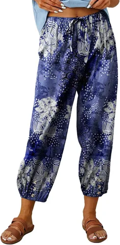 Vista 25 de Pantalones capri de cintura alta con cordón y botón de algodón suelto casual con bolsillos para mujer