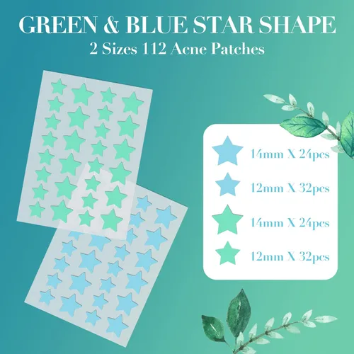 Vista 2 de Parche para acné, 112 parches, parches hidrocoloides para acné con árbol de té y aceite de caléndula, parches de acné en forma de estrella verde