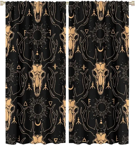 Vista 44 de BAEKJIN Cortinas de cabeza de cabra, diseño de calavera malvada, bruja, símbolo misterioso, bolsillo para barra, cortinas opacas para ventana, juego