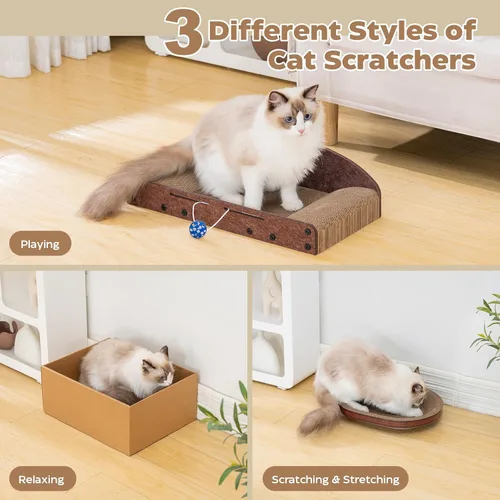 Vista 2 de Avont Juego de 3 rascadores de cartón para gatos de interior, rascador corrugado para gatos con almohadilla reversible para rascar, caja de arañazos