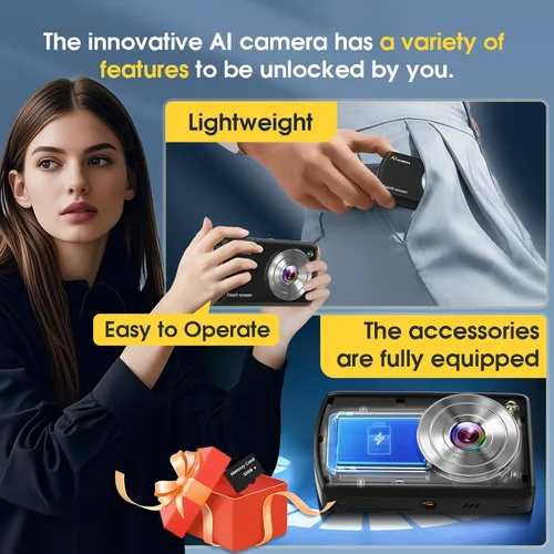 Vista 7 de Cámara digital AI, cámara AI de enfoque automático frontal y trasera, cámaras digitales compactas para fotografía con WiFi, reconocimiento