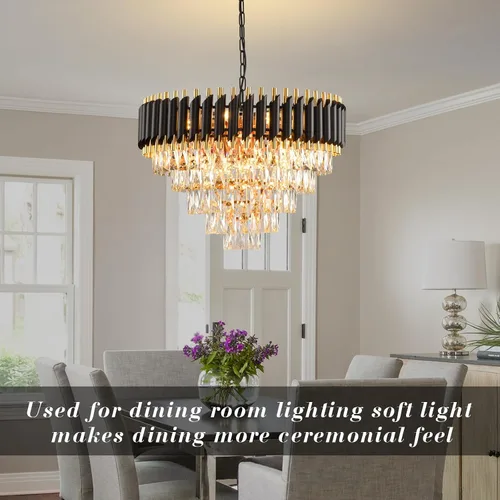 Vista 3 de Candelabro de cristal moderno dorado de 5 niveles para sala de estar, lámpara de araña grande de cristal negro, lámpara colgante de techo