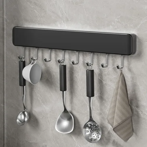 Vista 7 de Percha para utensilios de cocina, ganchos para montar en la pared, sin taladrar, ganchos extraíbles y ajustables, riel de cocina con 8 ganchos