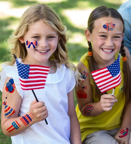 Vista 6 de HSHFAMIIY Trajes para mujer del 4 de julio, tatuajes temporales del 4 de julio, 120 tatuajes patrióticos de bandera de Estados Unidos, bandera