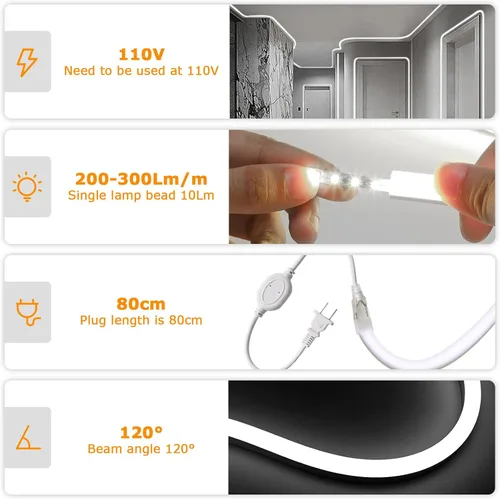 Vista 4 de Tira de luces LED de neón de 100 pies / 98.4 ft, luz blanca diurna, 6000 K, impermeable, IP65, tira de luz LED flexible CA de 110 a 120 V, luces LED