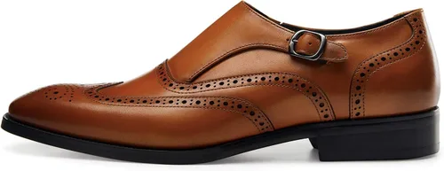 Vista 2 de FRASOICUS Zapatos de vestir para hombre, de cuero genuino, correa de monje, zapatos formales con punta de ala, mocasín sin cordones