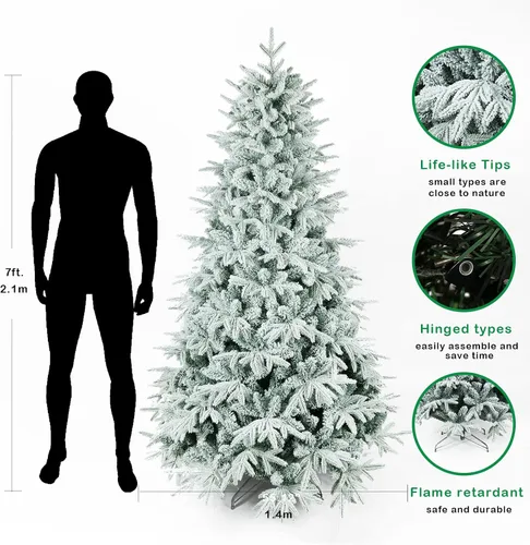 Vista 2 de Árbol de Navidad nevado flocado, árbol artificial blanco de 7 pies con 1100 ramas de PVC ecológicas, ideal para decorar el hogar, oficina, tiendas