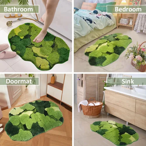 Vista 4 de Hifuwan Lindas Alfombras de Baño de Musgo Verde Shag, Tapetes de Baño de Hojas para Decoración de Baño Estética, Hojas Suaves Antideslizantes