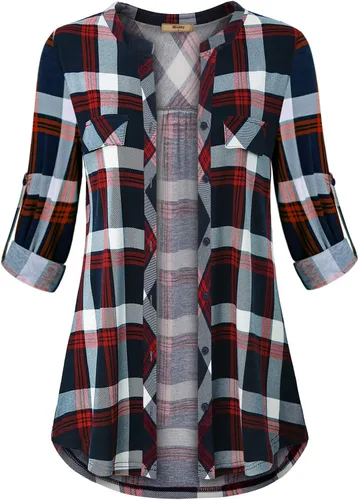 Vista 2 de Miusey Henley - Blusa con cuello en V 34, manga enrollable, con botones