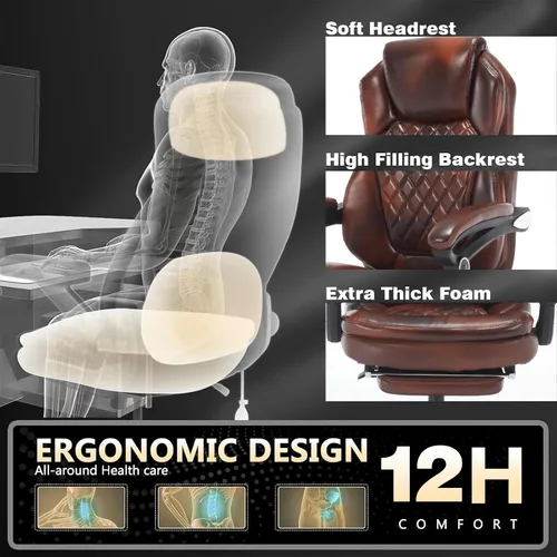 Vista 6 de Silla de escritorio reclinable de piel de 400 libras con reposapiés A marrón.