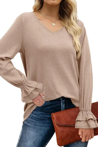 Vista 2 de WIHOLL Camisas de manga larga para mujer cuello en V casual manga acampanada a la moda