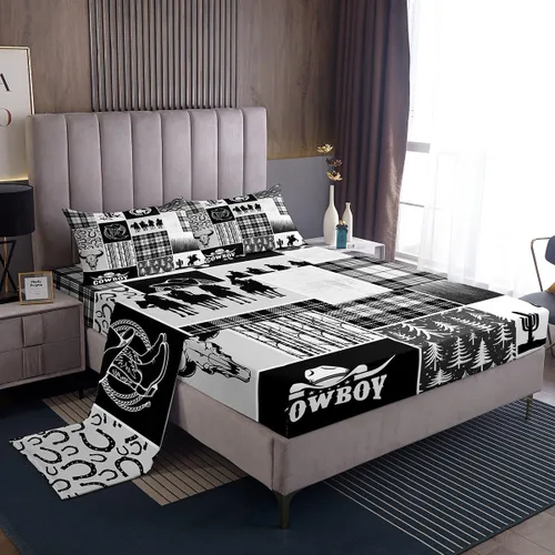 Vista 20 de Western Cowboy - Juego de sábanas para niños, tamaño individual, juego de ropa de cama rústica de herraduras, cactus y herraduras, decoración