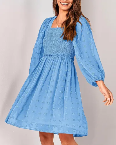 Vista 9 de BTFBM Vestidos fruncidos con cuello cuadrado para mujer, verano, otoño, manga larga, floral, lunares suizos, volantes, mini vestido bohemio