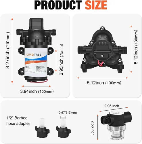 Vista 9 de YOUNGTREE Bomba de diafragma de agua de 12 V CC, 3.5 GPM, 45 PSI, bomba de presión de agua dulce autocebante de 12 voltios con interruptor