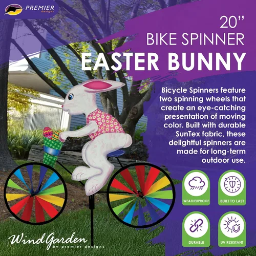 Vista 2 de Molinillo de bicicleta de conejo de Pascua de 20 pulgadas, diseño de conejo primaveral, decoración exterior resistente a la intemperie, duradero
