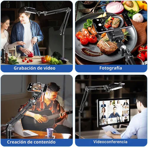 Vista 14 de Trípode para teléfono con luz recargable para cocinar videos, soporte de teléfono móvil con anillo de luz, creador de contenido, grabación de video