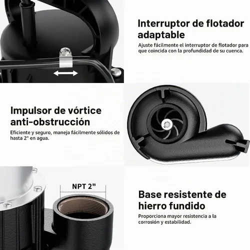 Vista 5 de FOTING 1HP - Bomba de sumidero sumergible para aguas residuales/efluentes de 5600 GPH de 40 pies, de hierro fundido resistente, automática/manual