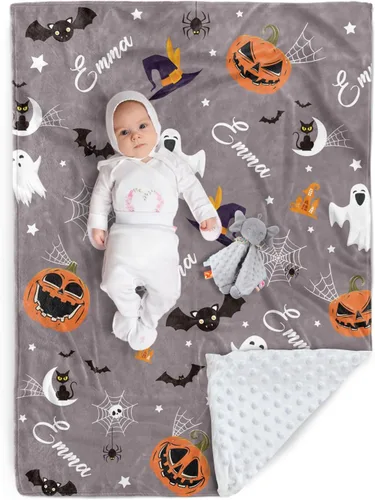 Vista 15 de Manta de Halloween personalizada, diseños de dibujos animados con nombre personalizable, manta de franela de felpa suave con respaldo punteado