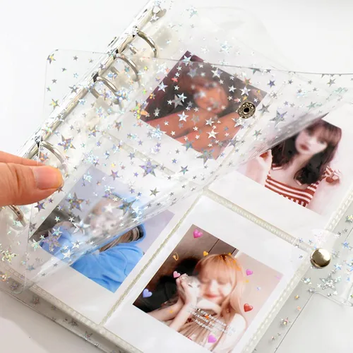 Vista 3 de Álbum de fotos de PVC transparente con purpurina de 3 pulgadas para cámara Instax Fujifilm, soporte para tarjeta fotográfica Kpop, portatarjetas