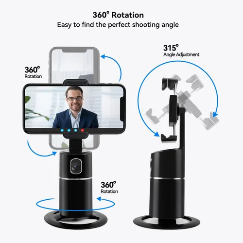Vista 6 de Trípode de seguimiento facial automático, rotación de 360°, soporte de teléfono para cámara de teléfono, no requiere aplicación, batería recargable