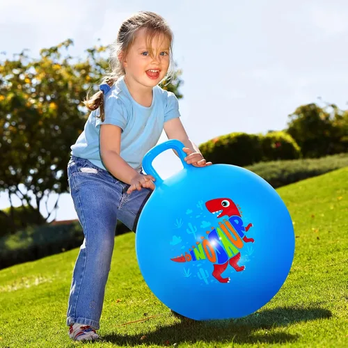 Vista 5 de Pelota saltarina, juguetes de dinosaurio para saltar para niños, pelota hinchable de 18 pulgadas con asa, juguetes saltarines azules inflables