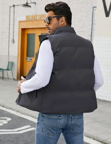 Vista 3 de Flygo Chaleco acolchado de invierno para hombre, chaleco ligero con cuello alto, chaqueta sin mangas