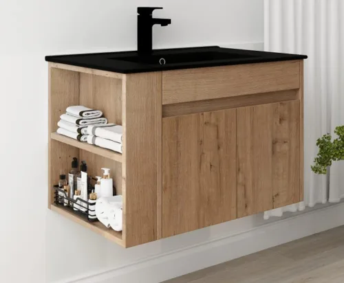 Vista 11 de Tocador de baño de 24 pulgadas con lavabo, juego de tocador flotante Mordern con mango de metal dorado y parte superior de fregadero de cerámica