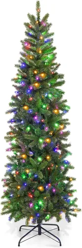 Vista 32 de GOFLAME Árbol de Navidad preiluminado de 5 pies, árbol de Navidad artificial con 180 luces LED, 10 modos de luz, 390 puntas de rama, soporte