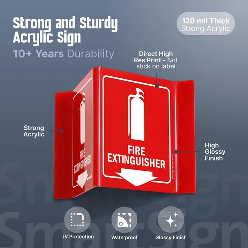 Vista 2 de SmartSign (paquete de 4) señal de proyección de extintor de incendios con flecha hacia abajo - 13 cm x 15 cm, señal V de pasillo de acrílico pulido