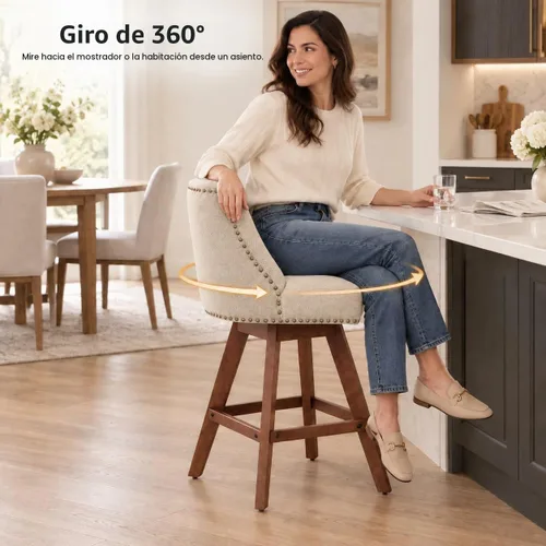 Vista 8 de Juego de 2 taburetes de bar giratorios modernos, taburetes de bar de 26.6 pulgadas de altura de mostrador beige con respaldo para isla de cocina