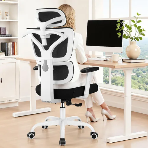 Vista 18 de Silla de Oficina Ergonómica de Respaldo Alto Silla de Escritorio con Soporte Lumbar, Silla de Computadora de Malla Transpirable con Reposabrazos