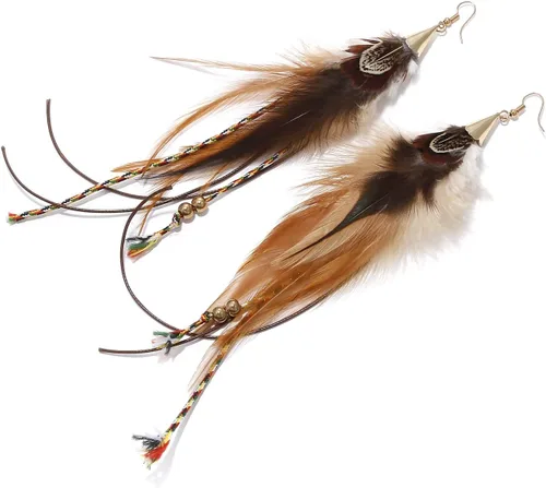 Vista 5 de Aretes largos bohemios de plumas para mujer, hechos a mano, joyería de borla colgante natural