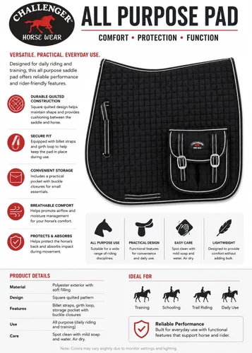 Vista 3 de CHALLENGER Horse English Quilted Fleece Padded Dressage Saddle Pad with Pockets 72121-124