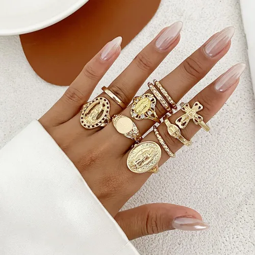 Vista 2 de Juego de anillos dorados de cruz de Virgen María para mujer, 10 piezas vintage gruesos apilables, anillos cruzados para nudillos, accesorios retro