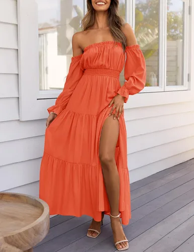 Vista 19 de ZESICA - Vestido largo, bohemio y sexy, con hombros descubiertos y manga larga fruncida, con elástico fruncido, cintura alta y abertura lateral
